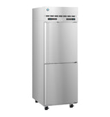 A commercial Hoshizaki Steelheart reach-in refrigerator with two doors, digital temperature displays, top ventilation grilles, and four caster wheels. This dual temp refrigerator freezer is sleek, professional, and perfect for any kitchen setup.