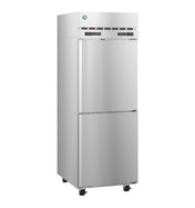 A commercial Hoshizaki Steelheart reach-in refrigerator with two doors, digital temperature displays, top ventilation grilles, and four caster wheels. This dual temp refrigerator freezer is sleek, professional, and perfect for any kitchen setup.