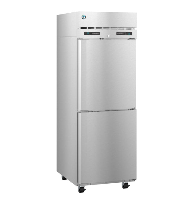 A commercial Hoshizaki Steelheart reach-in refrigerator with two doors, digital temperature displays, top ventilation grilles, and four caster wheels. This dual temp refrigerator freezer is sleek, professional, and perfect for any kitchen setup.
