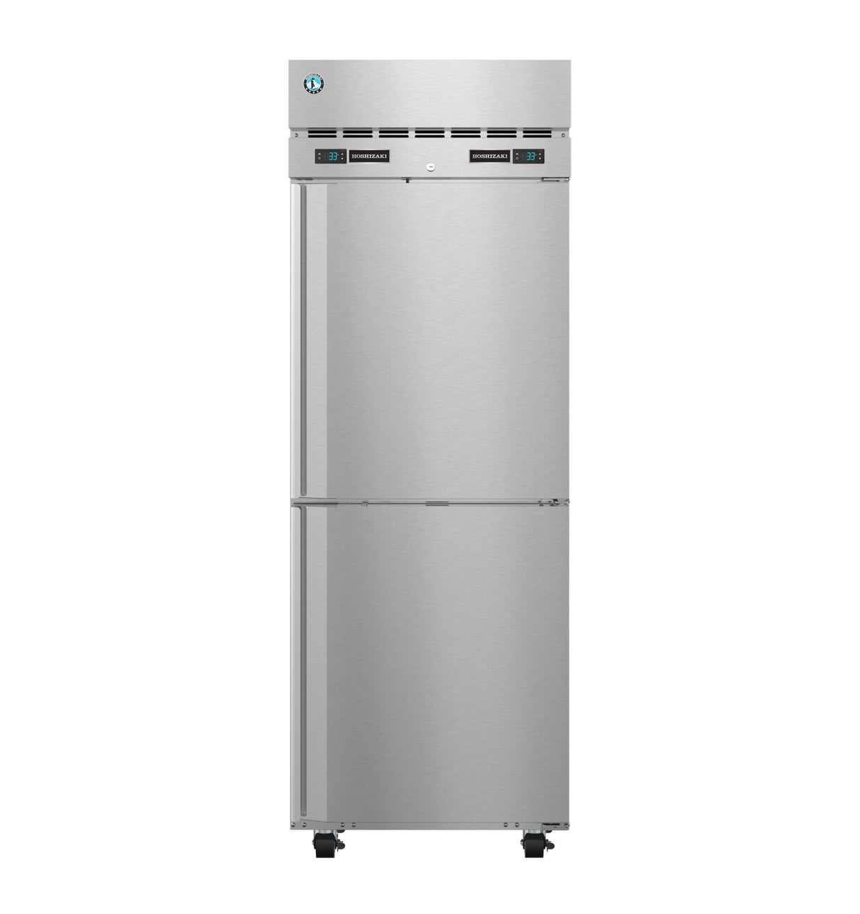 A sleek, modern Hoshizaki Steelheart dual temp refrigerator freezer with digital displays and top vents. This stainless steel, commercial reach-in unit stands on black castor wheels and features vertical handles and a smooth, reflective surface.