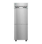 A sleek, modern Hoshizaki Steelheart dual temp refrigerator freezer with digital displays and top vents. This stainless steel, commercial reach-in unit stands on black castor wheels and features vertical handles and a smooth, reflective surface.