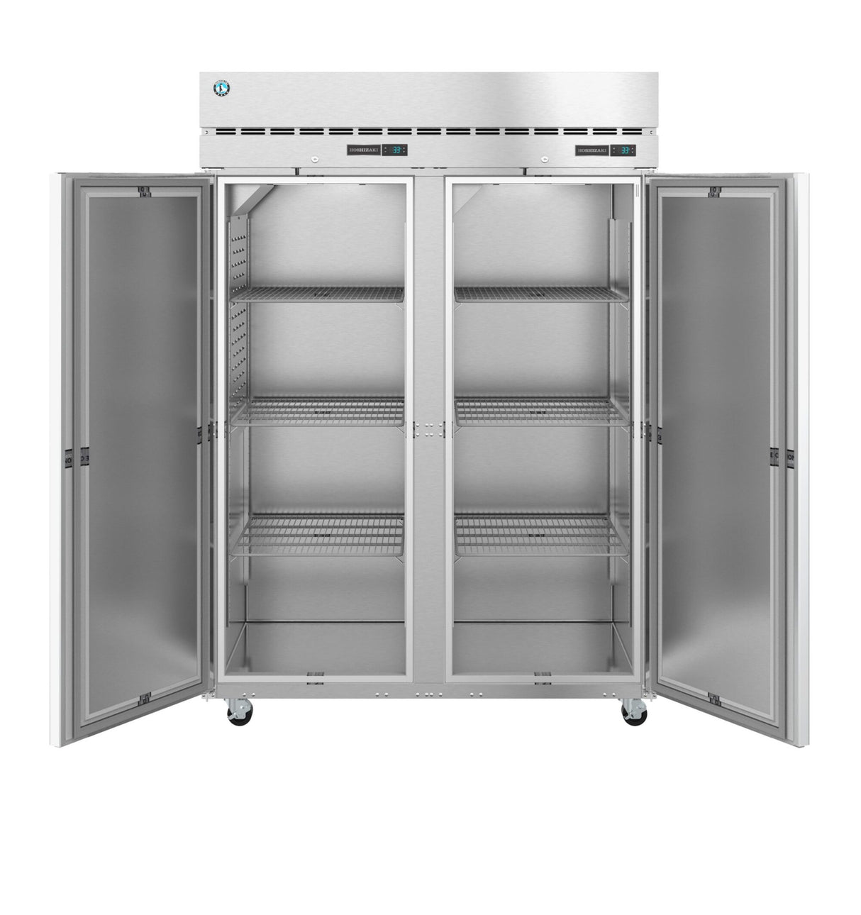 A large Hoshizaki Steelheart reach-in refrigerator with four open glass doors reveals multiple empty wire shelves inside. The industrial unit stands on caster wheels and features digital displays and vents on the top front panel.