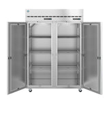 A large Hoshizaki Steelheart reach-in refrigerator with four open glass doors reveals multiple empty wire shelves inside. The industrial unit stands on caster wheels and features digital displays and vents on the top front panel.