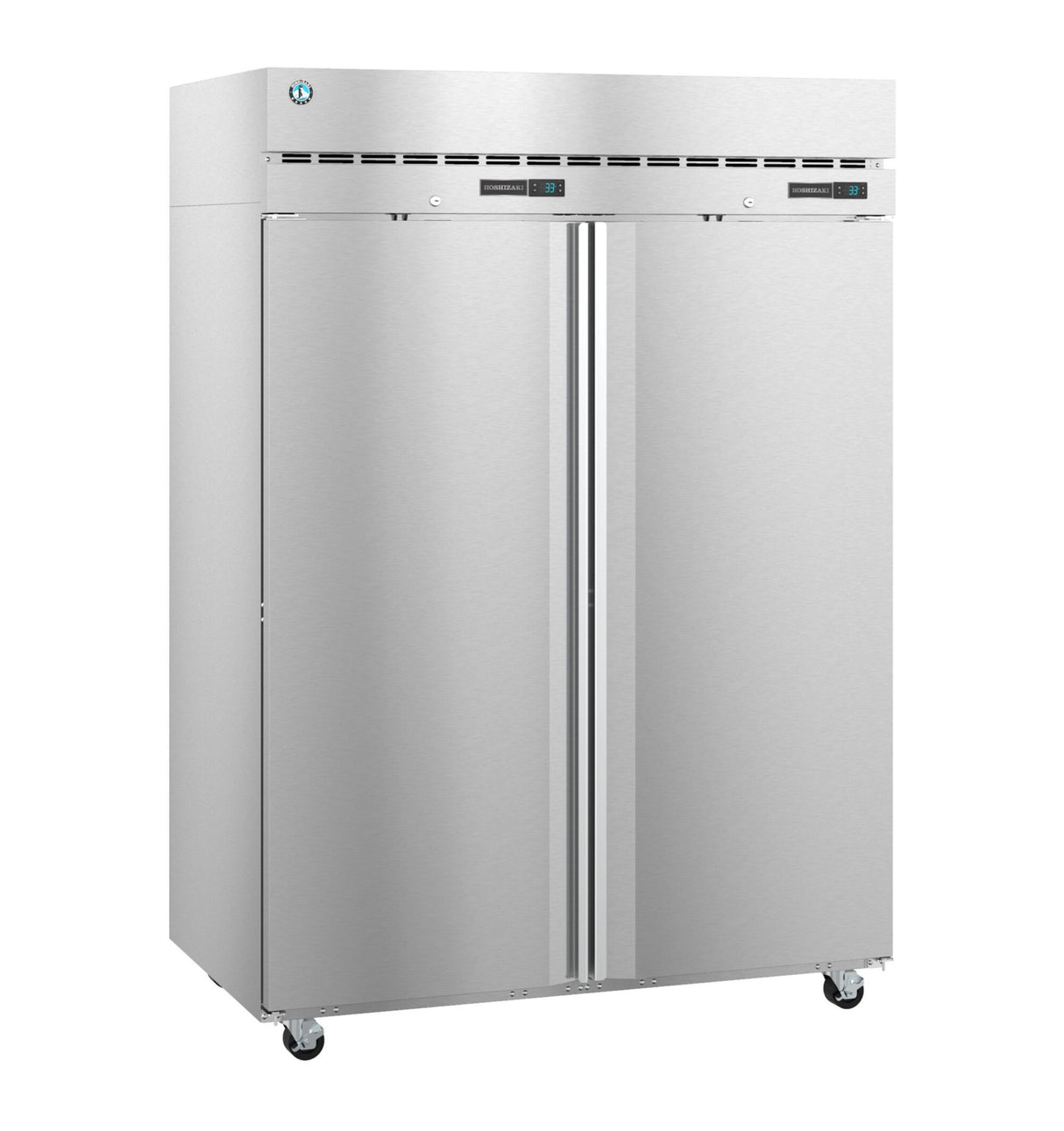 A large Hoshizaki Steelheart reach-in refrigerator on wheels features digital displays and vents on the upper front panel, with sleek, vertical handles centered on each double door. The industrial stainless steel unit is set against a white background.