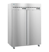 A large Hoshizaki Steelheart reach-in refrigerator on wheels features digital displays and vents on the upper front panel, with sleek, vertical handles centered on each double door. The industrial stainless steel unit is set against a white background.