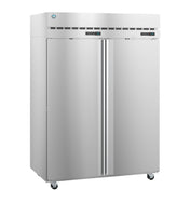 A large Hoshizaki Steelheart reach-in refrigerator on wheels features digital displays and vents on the upper front panel, with sleek, vertical handles centered on each double door. The industrial stainless steel unit is set against a white background.