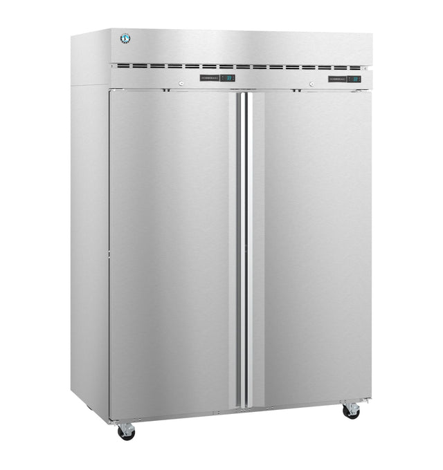 A large Hoshizaki Steelheart reach-in refrigerator on wheels features digital displays and vents on the upper front panel, with sleek, vertical handles centered on each double door. The industrial stainless steel unit is set against a white background.