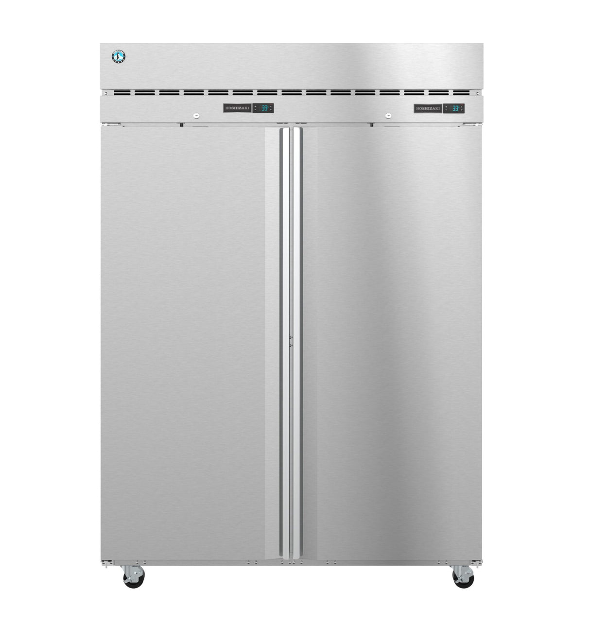 Hoshizaki Steelheart dual temp refrigerator freezer on wheels, featuring a vented top panel, digital displays above each door, vertical handles, and a sleek plain metallic finish, photographed against a white background.