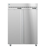 Hoshizaki Steelheart dual temp refrigerator freezer on wheels, featuring a vented top panel, digital displays above each door, vertical handles, and a sleek plain metallic finish, photographed against a white background.