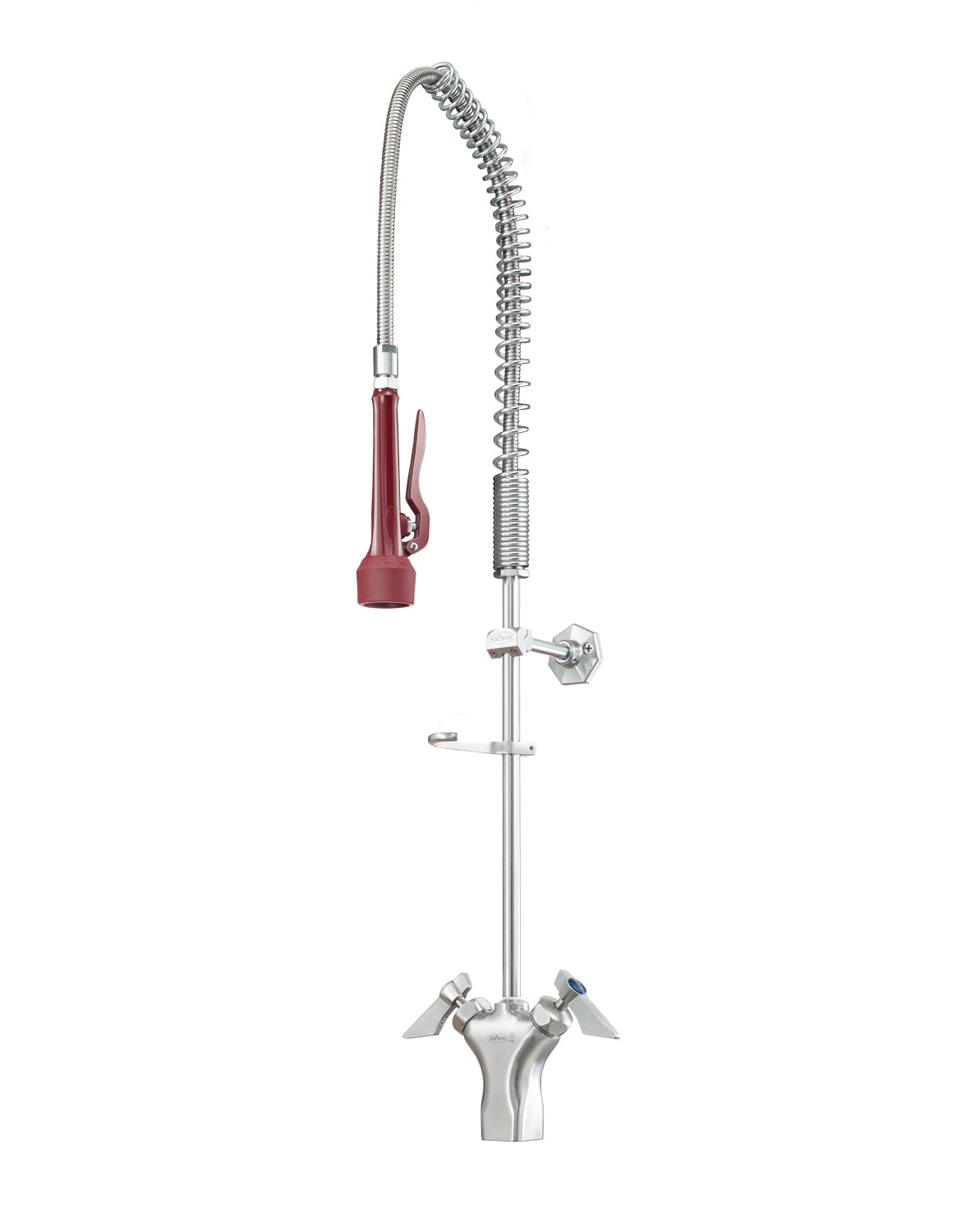 A commercial pre-rinse faucet made of chrome plated brass, featuring a tall, flexible coiled spring hose, red handle spray nozzle, metal wall-mount bracket, and a dual-handle mixer valve at the base for easy hot and cold water adjustment.