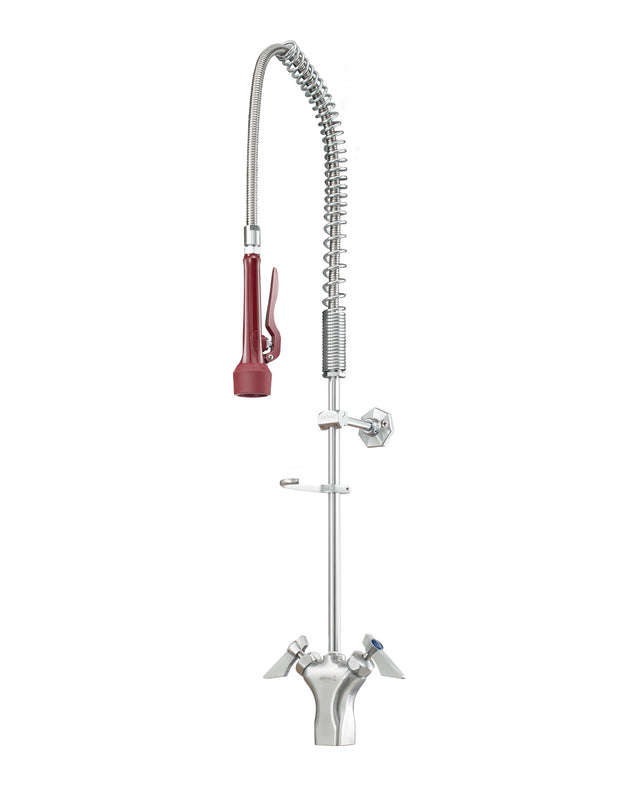 A commercial pre-rinse faucet made of chrome plated brass, featuring a tall, flexible coiled spring hose, red handle spray nozzle, metal wall-mount bracket, and a dual-handle mixer valve at the base for easy hot and cold water adjustment.