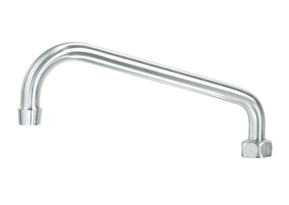 A silver, metal swing spout with a smooth, curved design. The Chrome Plated Brass surface is shiny and reflective, featuring a cylindrical tip on one end and a hexagonal connector for installation—a modern look from the Diamond Series Faucets.