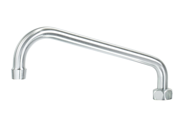 A silver, metal swing spout with a smooth, curved design. The Chrome Plated Brass surface is shiny and reflective, featuring a cylindrical tip on one end and a hexagonal connector for installation—a modern look from the Diamond Series Faucets.