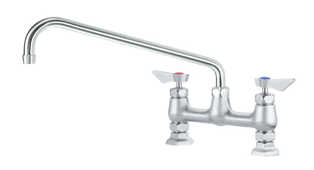 A silver, dual-handle Krowne Diamond Series Faucet with a 14" swing spout and modern metallic finish. The left handle has a red marker for hot water, the right blue for cold. Both wing-like levers complete its sleek design.