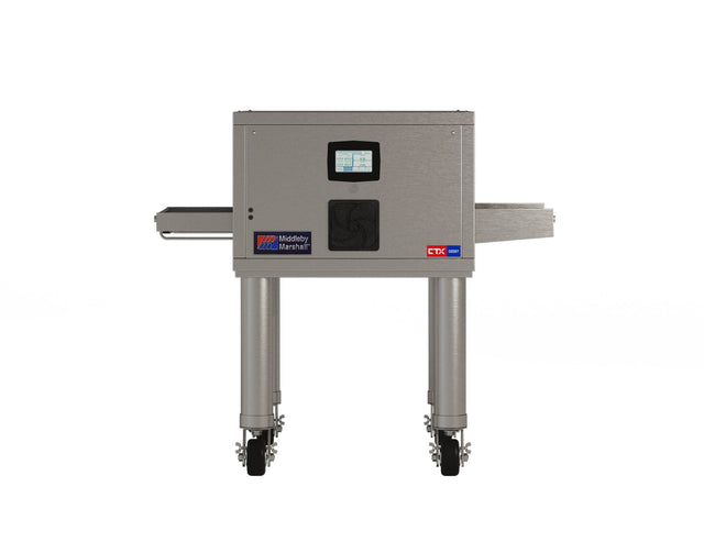 A stainless steel industrial machine on wheels with a small display screen at the center, labeled “Middleby Marshall” and CTX. Conveyor belts extend from each side like an infrared conveyor oven, designed for material inspection or processing. Background is plain white.