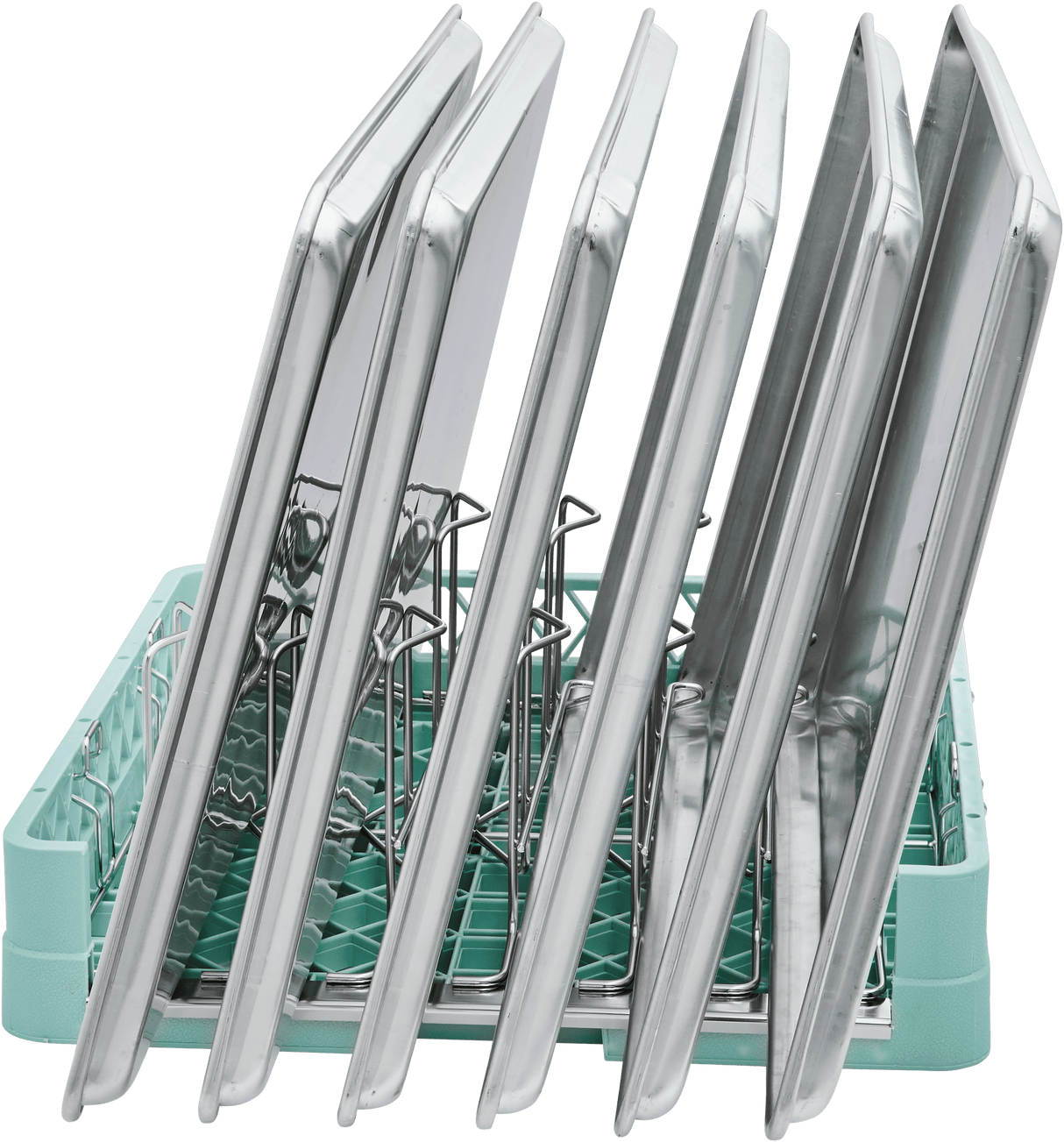A turquoise Hobart rack holds six large, shiny metal baking sheets upright with silver wire dividers. The well-lit scene and white background showcase the spotless pans on the 6 sheet pan rack.