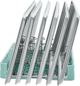 A turquoise Hobart rack holds six large, shiny metal baking sheets upright with silver wire dividers. The well-lit scene and white background showcase the spotless pans on the 6 sheet pan rack.