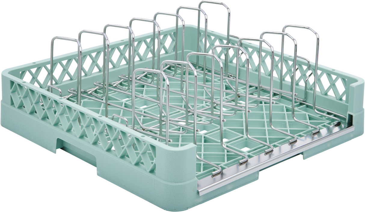 A light green plastic Hobart rack with vertical metal dividers, designed to securely hold plates, trays, or 6 sheet pans upright. The open lattice sides and flat base offer sturdy support and efficient organization for dishwashing.