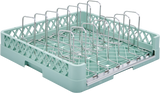A light green plastic Hobart rack with vertical metal dividers, designed to securely hold plates, trays, or 6 sheet pans upright. The open lattice sides and flat base offer sturdy support and efficient organization for dishwashing.
