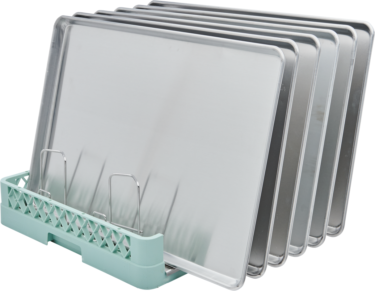 Five silver baking sheets are vertically organized in a Hobart rack with metal dividers. The light green rack base features an open lattice pattern, securely holding each sheet pan upright in a neat, evenly spaced manner against a white background.