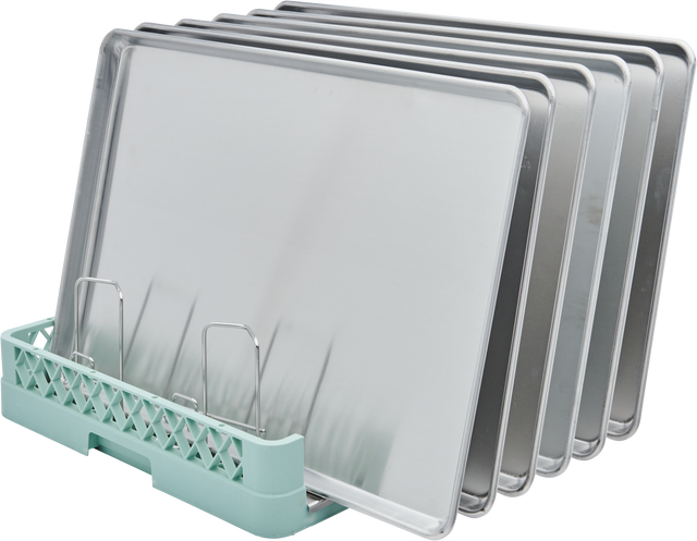 Five silver baking sheets are vertically organized in a Hobart rack with metal dividers. The light green rack base features an open lattice pattern, securely holding each sheet pan upright in a neat, evenly spaced manner against a white background.