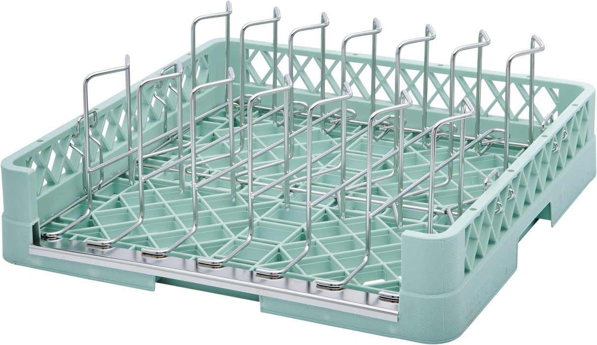 A light green plastic Hobart rack with metal dividers, designed for holding glasses or cups upright. The rack features an open lattice pattern on the sides and a grid-like base for stability and drainage.