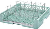 A light green plastic Hobart rack with metal dividers, designed for holding glasses or cups upright. The rack features an open lattice pattern on the sides and a grid-like base for stability and drainage.