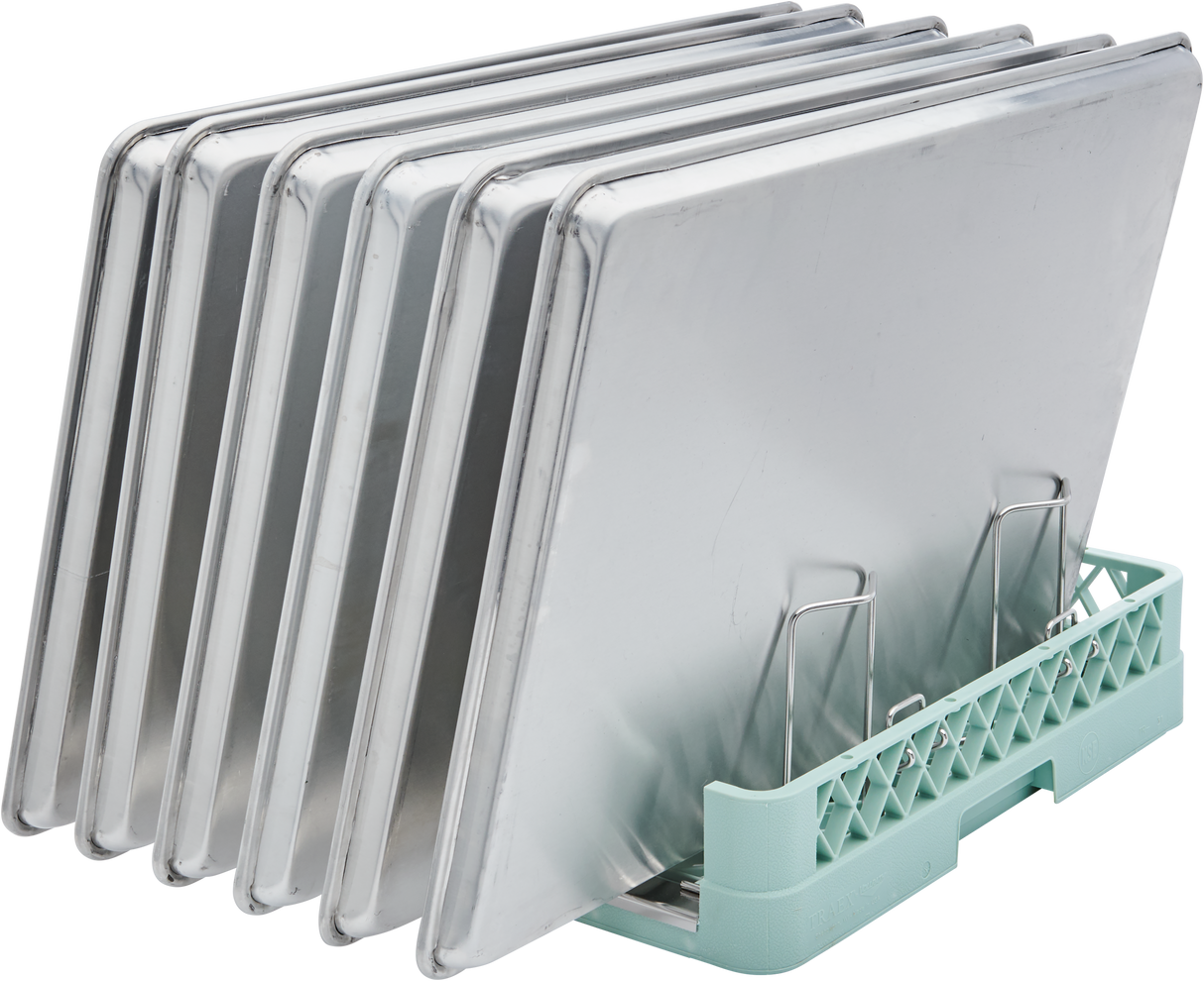 Six shiny metal baking trays are arranged vertically in a Hobart rack with metal dividers. The sheet pan rack keeps the 6 sheet pan trays separated and upright, showing their flat, rectangular shapes and reflective surfaces.
