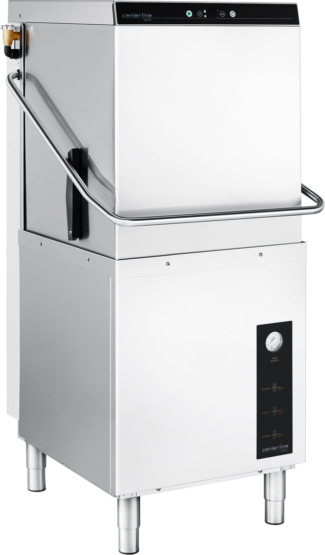 The Centerline Dishwasher is a commercial stainless steel, ENERGY STAR unit with a front handle, top control panel, and lower front pressure gauge. Its boxy, industrial design stands on four legs—perfect for professional kitchens relying on chemical sanitizing.