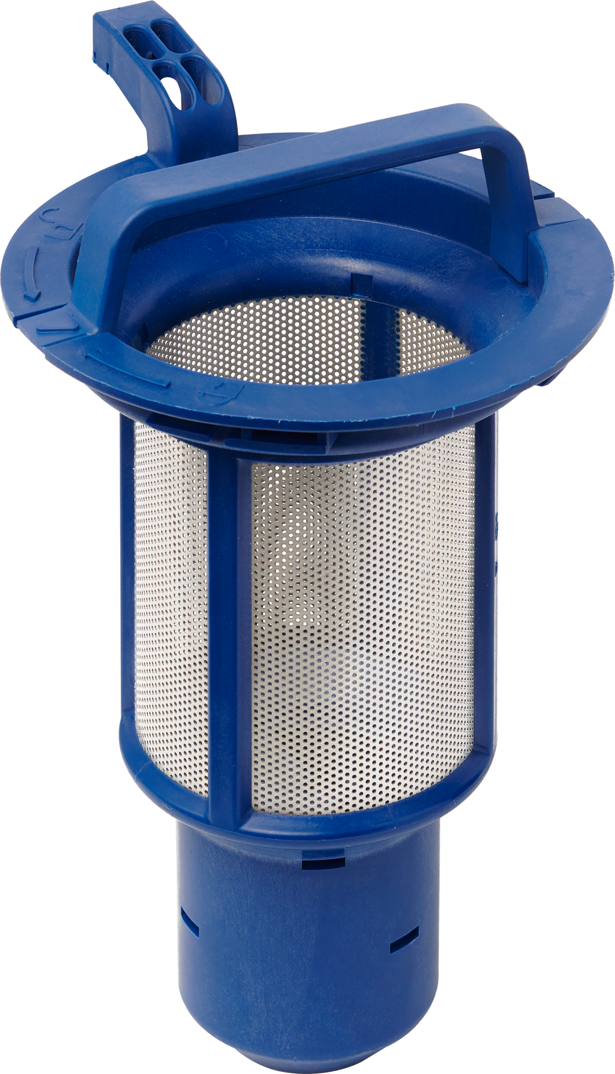 A blue plastic and metal mesh pool skimmer basket with a built-in handle on top. Its cylindrical design, like the efficiency of a commercial dishwasher, features fine perforations for debris and a latch for securing it in your pool skimmer housing.