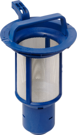 A blue plastic and metal mesh pool skimmer basket with a built-in handle on top. Its cylindrical design, like the efficiency of a commercial dishwasher, features fine perforations for debris and a latch for securing it in your pool skimmer housing.