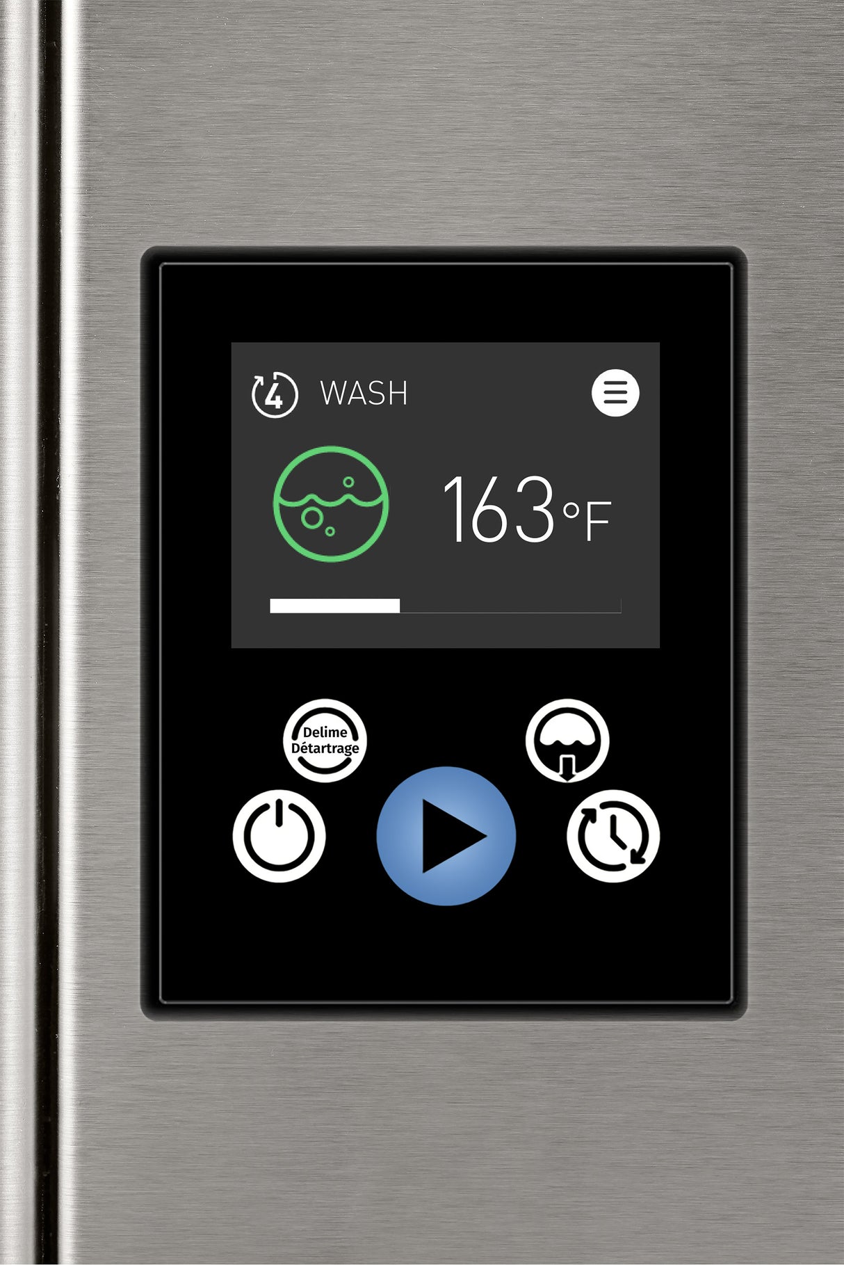 A digital control panel on a stainless steel Hobart AM16SCB-16 dishwasher displays a “WASH” cycle at 163°F with a progress bar and washing icon. Five buttons include power, cycle start, time, settings, and Delime Feature. The background is brushed metal.