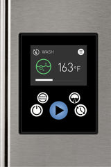 A digital control panel on a stainless steel Hobart AM16SCB-16 dishwasher displays a “WASH” cycle at 163°F with a progress bar and washing icon. Five buttons include power, cycle start, time, settings, and Delime Feature. The background is brushed metal.