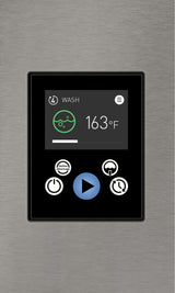 A digital control panel on the Hobart AM16SCB-16 dishwasher displays a wash cycle at 163°F. The stainless steel screen shows a wash icon, “WASH,” and five buttons below for power, settings, cycle start (blue triangle), and options.