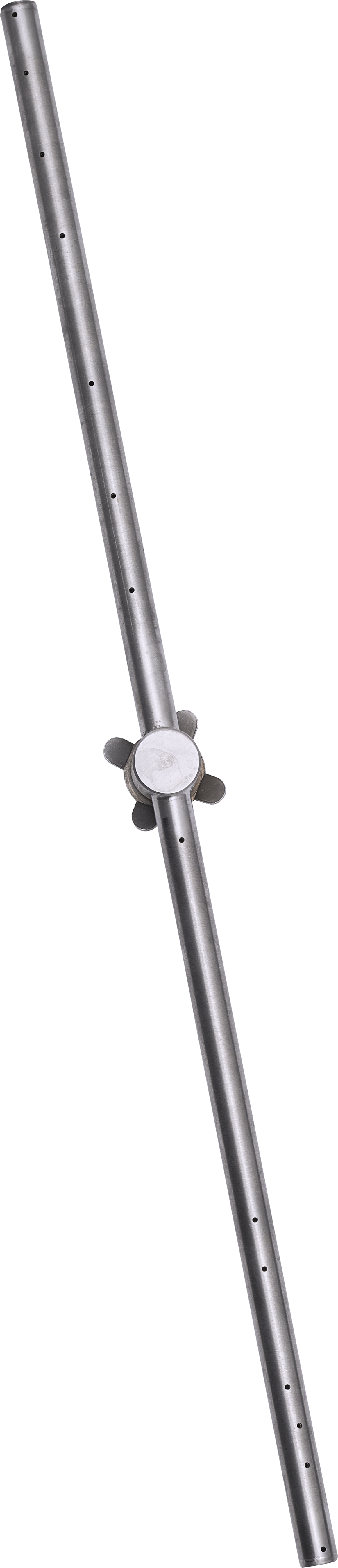 A long, slender metal rod with evenly spaced holes along its length. At the center is a round, flat dial with four petal-like extensions—commonly found as a part in commercial dishwasher systems for chemical sanitizing. Diagonally positioned on a transparent background.