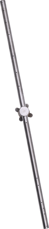 A long, slender metal rod with evenly spaced holes along its length. At the center is a round, flat dial with four petal-like extensions—commonly found as a part in commercial dishwasher systems for chemical sanitizing. Diagonally positioned on a transparent background.