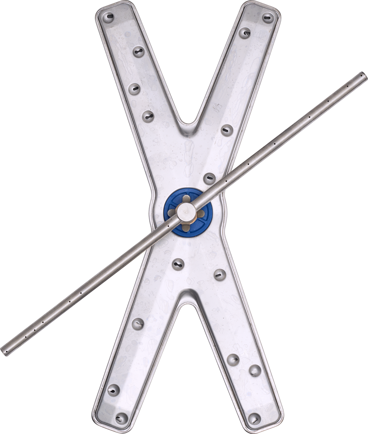 A metallic, X-shaped spray arm from a commercial dishwasher with rounded edges and a central blue hub, crossed diagonally by a straight metal tube featuring small water holes, all set against a white background.