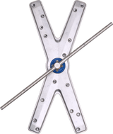 A metallic, X-shaped spray arm from a commercial dishwasher with rounded edges and a central blue hub, crossed diagonally by a straight metal tube featuring small water holes, all set against a white background.