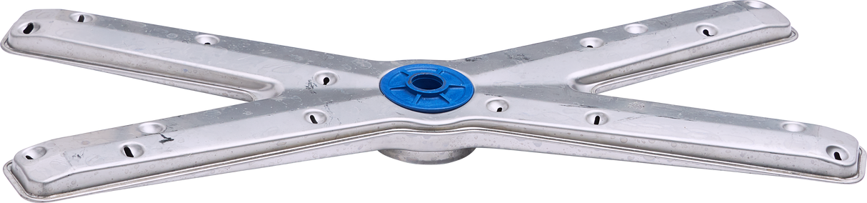 A metal, X-shaped washing machine drum spider with a blue plastic center hub, similar to components found in commercial dishwashers. The silver ridged arms have holes, showing signs of wear and light corrosion. The background is transparent.