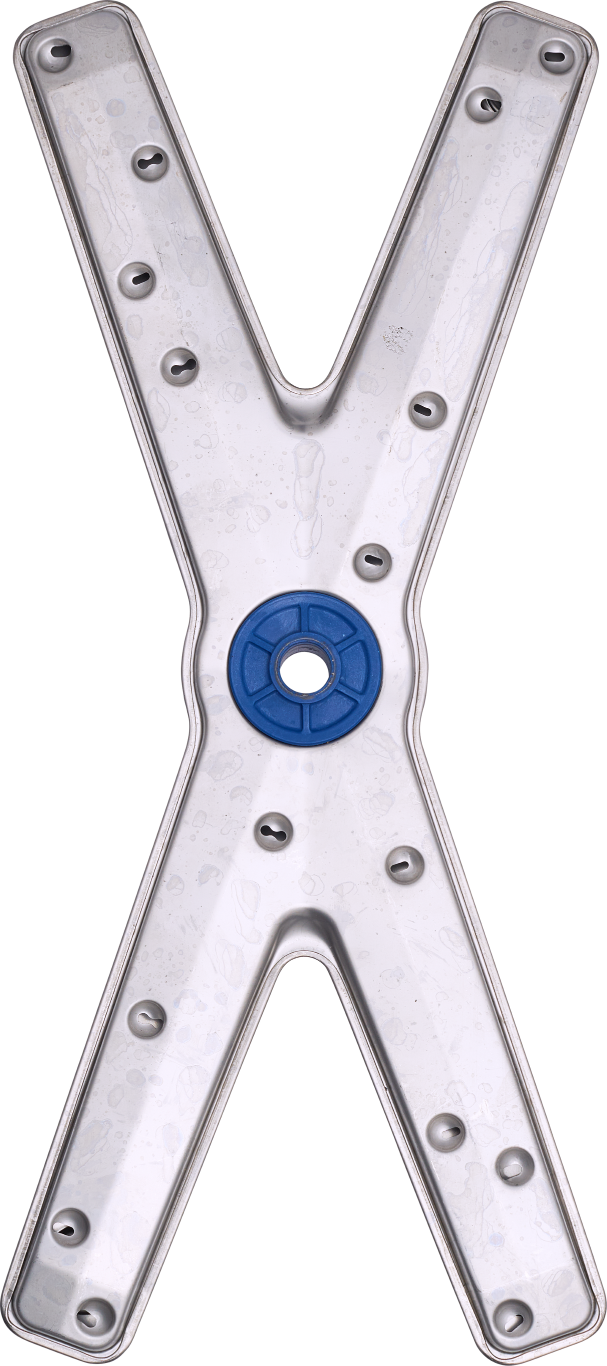 A metallic, X-shaped object with rounded edges, featuring a central blue circular component and multiple small, evenly spaced circular indentations—reminiscent of a part found in a commercial dishwasher. The background is transparent.