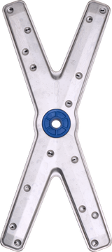 A metallic, X-shaped object with rounded edges, featuring a central blue circular component and multiple small, evenly spaced circular indentations—reminiscent of a part found in a commercial dishwasher. The background is transparent.