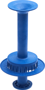 A blue plastic pool skimmer or floating chemical dispenser with a cylindrical body, a wide flared top and bottom, and a central grate for water flow—ideal for chemical sanitizing in pools. The item is isolated on a white background.