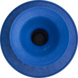 A close-up, top-down view of a blue plastic funnel, often used in a commercial dishwasher or door type dishwasher, with a wide rim and narrow center forming concentric circles. The inner part is dark, gradually lightening toward the rim.