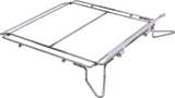 Rectangular metal wire rack with foldable legs and a handle. Made of stainless steel, it features an open grid design, ideal for outdoor camping or as a portable grill—perfect for use alongside a commercial dishwasher or in chemical sanitizing setups.