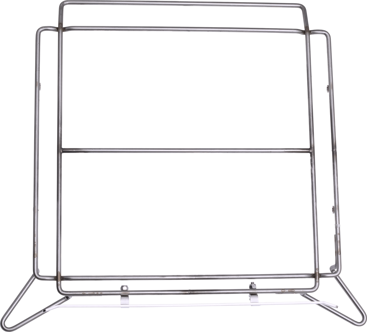 A metal, freestanding frame with a rectangular shape, two horizontal bars, and angled side supports—perfect for displaying signage in commercial dishwasher areas or near chemical sanitizing stations. Minimal and utilitarian, it stands on any flat surface.