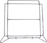 A metal, freestanding frame with a rectangular shape, two horizontal bars, and angled side supports—perfect for displaying signage in commercial dishwasher areas or near chemical sanitizing stations. Minimal and utilitarian, it stands on any flat surface.