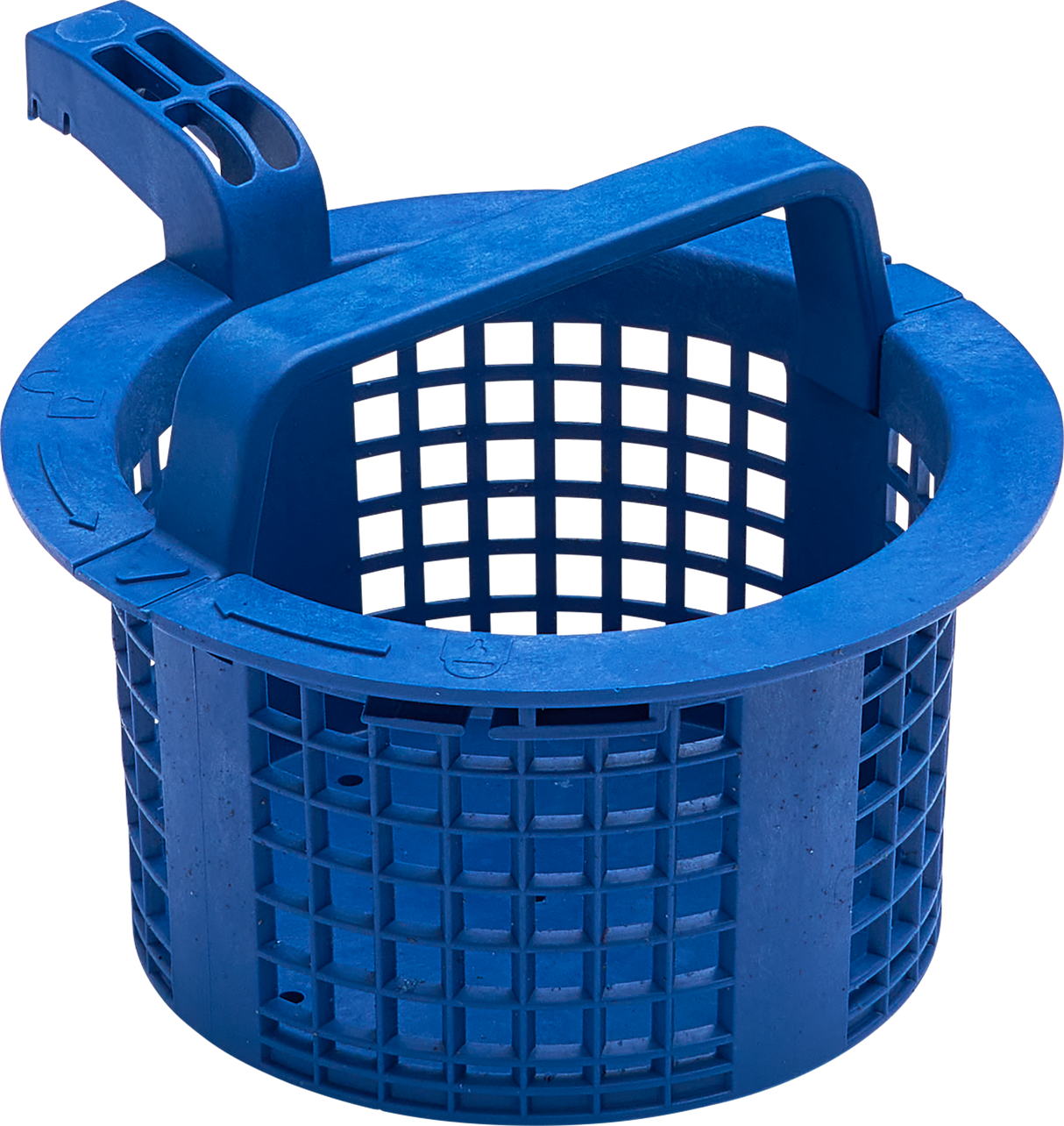 A blue plastic basket with a grid pattern, wide circular top rim, sturdy arched handle, and short spout-like extension—designed for durability and ideal as a filter or strainer for pool systems or in a commercial dishwasher with chemical sanitizing.