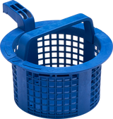 A blue plastic basket with a grid pattern, wide circular top rim, sturdy arched handle, and short spout-like extension—designed for durability and ideal as a filter or strainer for pool systems or in a commercial dishwasher with chemical sanitizing.