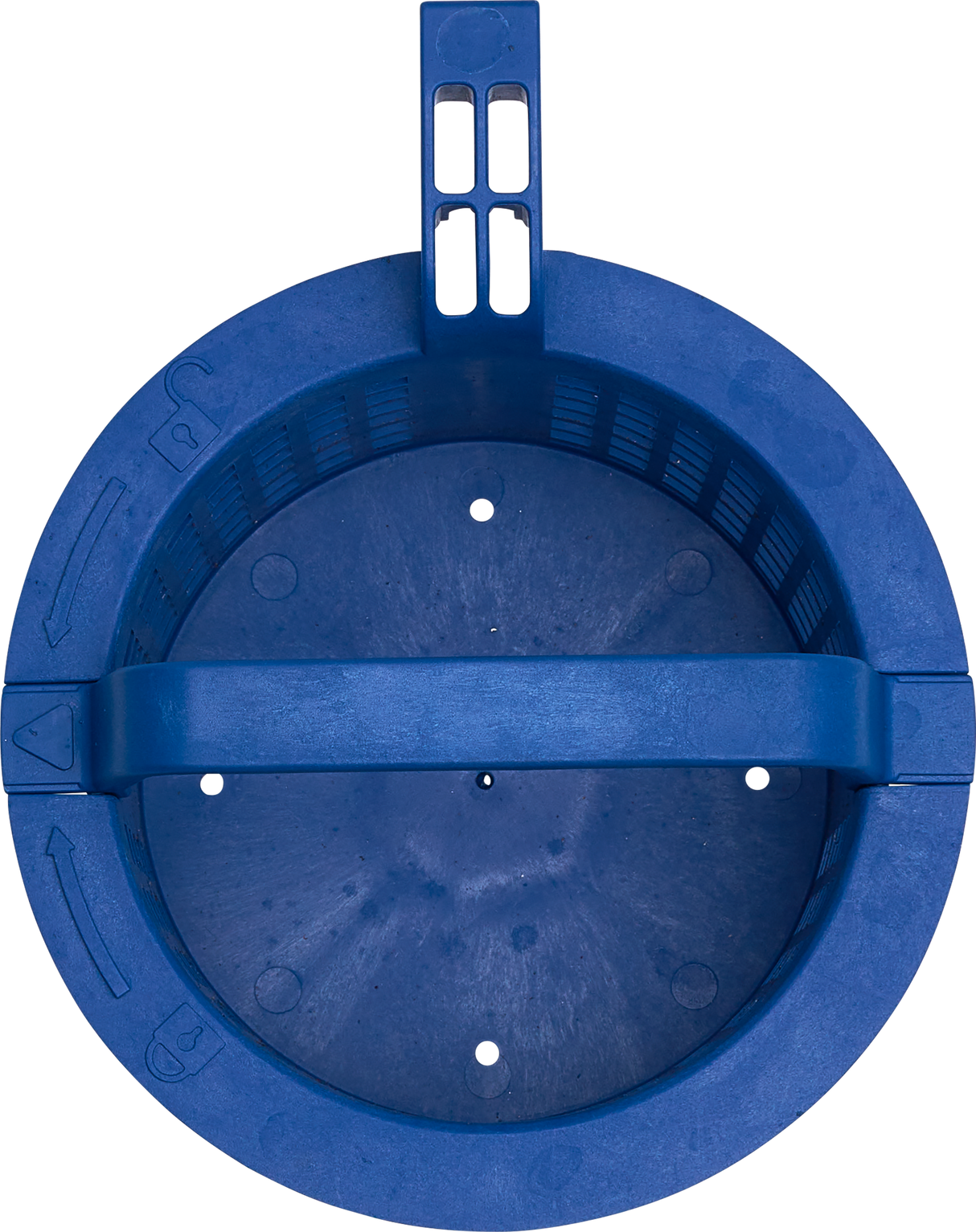 A blue, round skimmer basket with a sturdy, vented handle—ideal for use in commercial dishwasher systems. Features slotted sides, drain holes in the base, and embossed filter symbols to assist with chemical sanitizing operations.