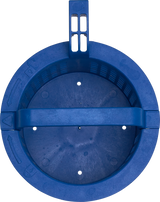 A blue, round skimmer basket with a sturdy, vented handle—ideal for use in commercial dishwasher systems. Features slotted sides, drain holes in the base, and embossed filter symbols to assist with chemical sanitizing operations.